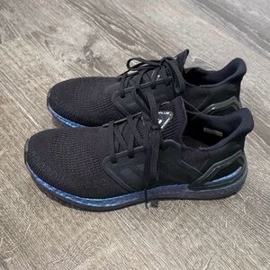 Adidas Black and Blue Space-Themed Sneakers